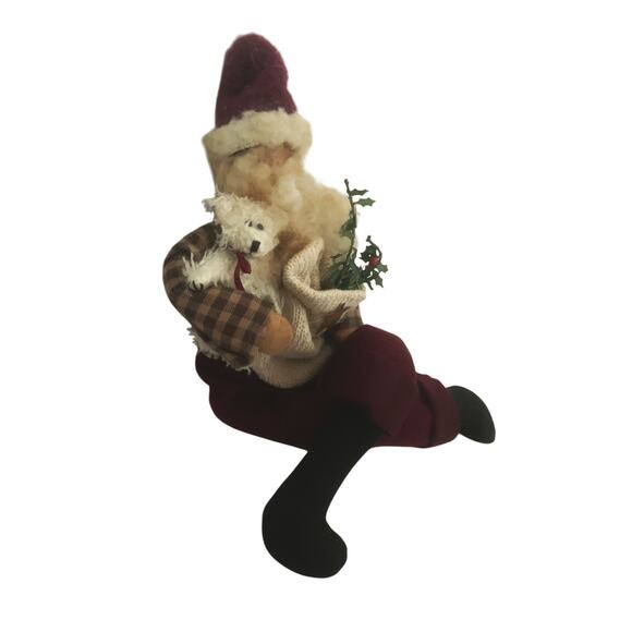 Vintage Folk Art Privative Look Santa Clause w/ Teddy Bear and Bag Shelf Sitter - Picture 3 of 7